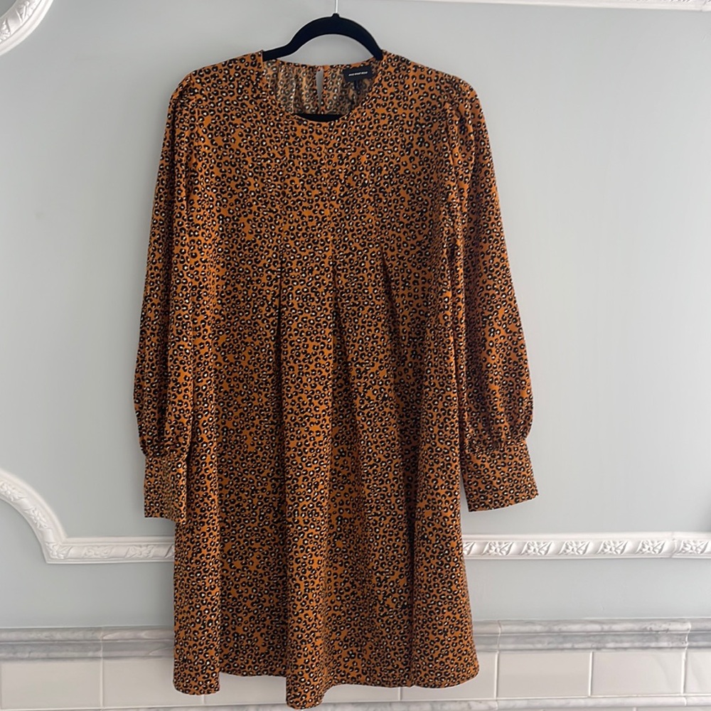 Leopard Print Long-Sleeve Swing Dress in Mustard
